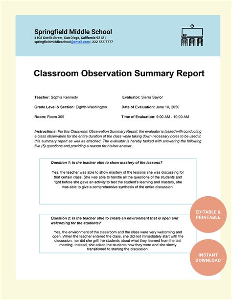 Lesson Observation Report Sample