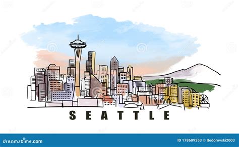 Seattle Skyline,Space Needle Hand-drawn Vector Illustration.Fast Doodle ...