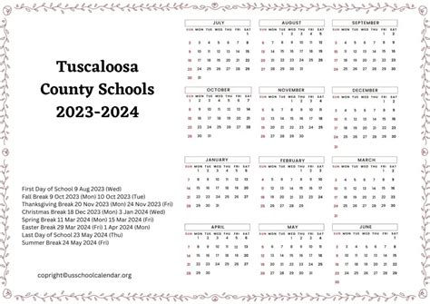 Tuscaloosa County Schools Calendar with Holidays 2023-2024