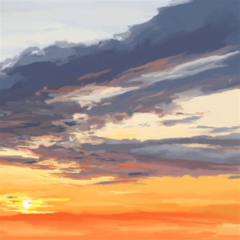 Orange Sunset Sky With Clouds Illustration, Giclee Art Print, Coastal ...