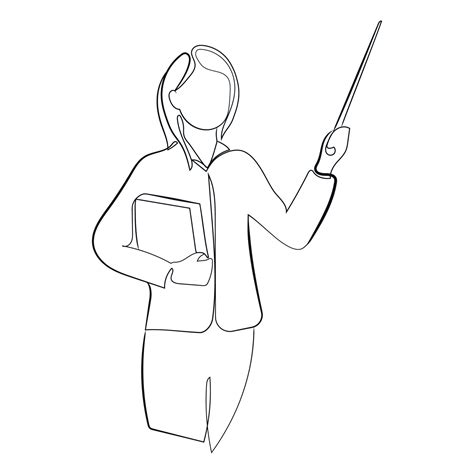 Female teacher with a pointer in her hand and a book line drawing ...