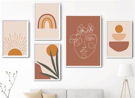 Wall Art Set of 5, Abstract Boho Art Set of 5 Prints Bundle, Terracotta ...