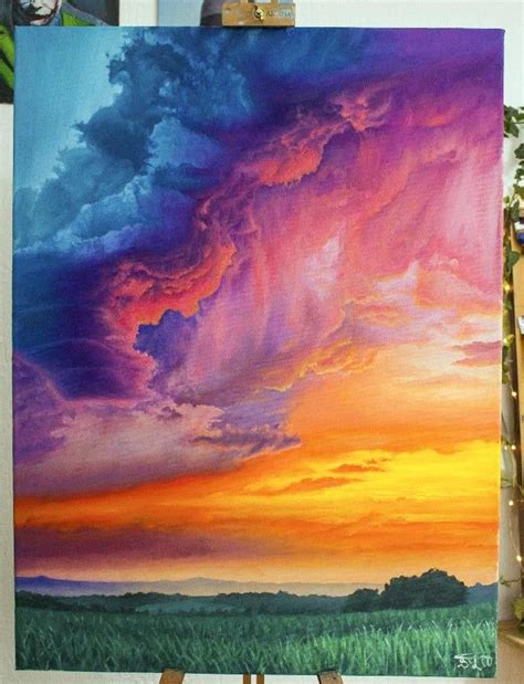 oil painting on canvas stormy clouds colorful sunset landscape ...