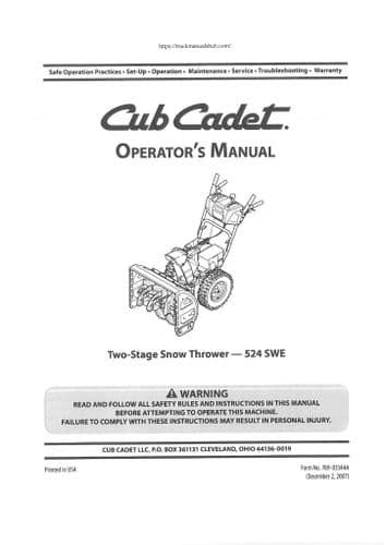 Cub Cadet Two Stage Snow Thrower 524SWE Operators Manual