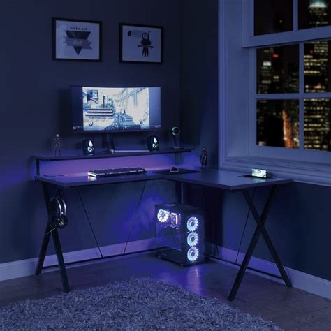 50" L-shaped Desk with LED Lights and Hutch Corner Computer Desk with ...