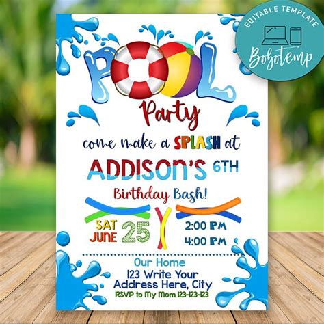 Editable Swimming Pool Party Invitations Instant Download | Bobotemp