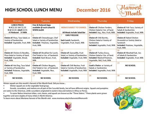 December 2016 High School Lunch Menu | School lunch menu, Lunch menu ...