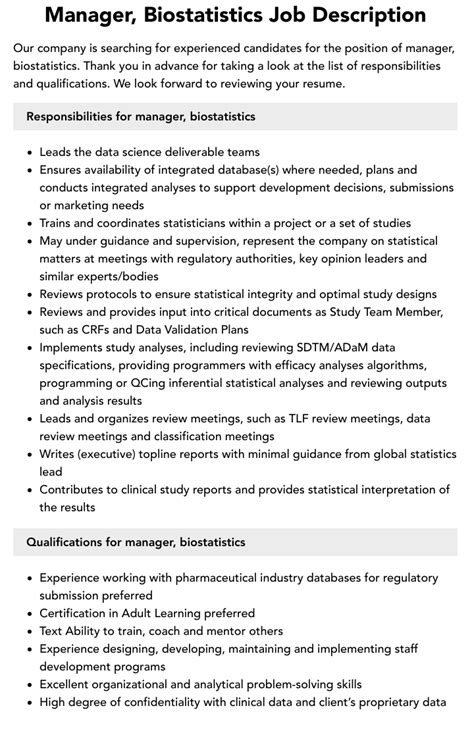 Manager, Biostatistics Job Description | Velvet Jobs