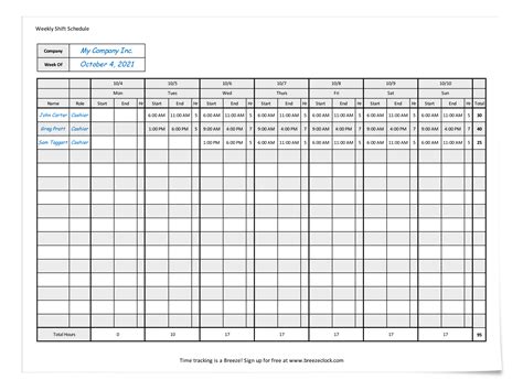 Free Employee Shift Schedule Template - Breeze Clock