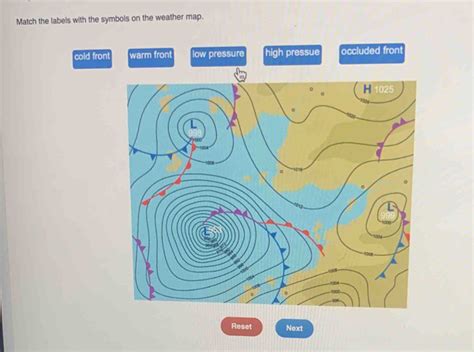 Match the labels with the symbols on the weather map. cold front warm ...