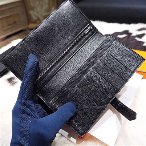 Replica Hermes Bearn Wallet Handmade in ck89 Noir Matte Croco Skin PHW