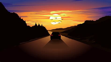 Vector illustration of colorful sunset wit a car driving on straight ...