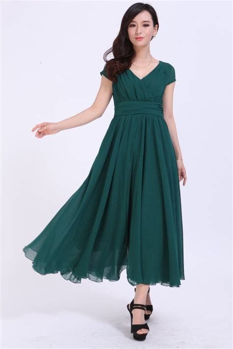 Pleated Maxi Dress Jade Green Dress Summer Chiffon Full Dress V-Neck ...