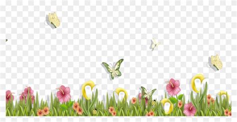 Grass With Butterflies And Flowers Png Clipart Spring - Flowers And ...