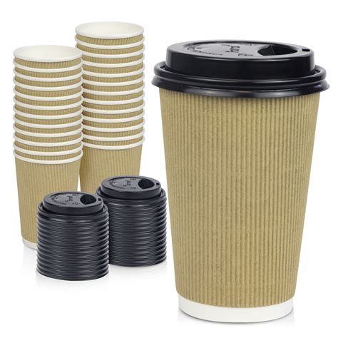 [50 Pack] Disposable Hot Cups with Lids - 16 oz Brown Double Wall ...