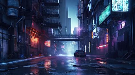 Nighttime In A Dystopian Cyberpunk City Street Art And Smog Illuminate ...