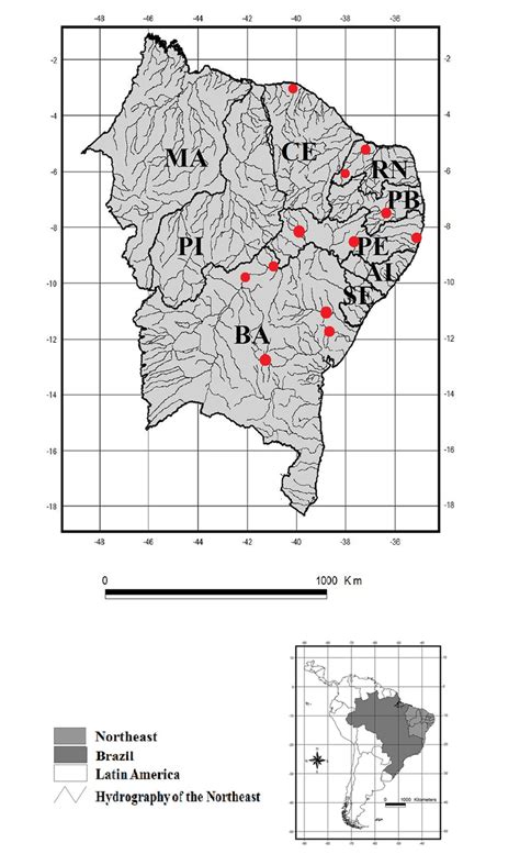 Hidrographic map of the Northeast region of Brazil, with the ...