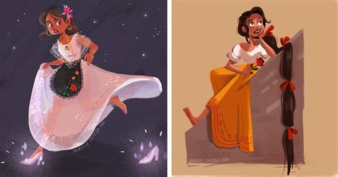 Ilustraciones combinan personajes de cuentos de hadas con folklore mexicano