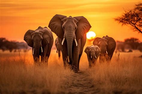 Premium AI Image | Herd of elephants in the savanna at sunset