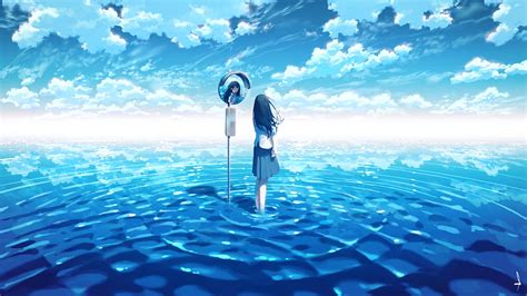 Chica anime Agua Horizon Cielo azul Reflejo Chica anime fondo de ...