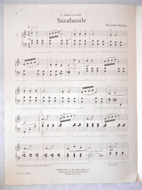 Sarabande Sheet Music, Piano Solo by William Gillock, 1969 - Etsy