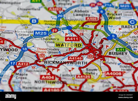 Watford and surrounding areas shown on a road map or geography map ...