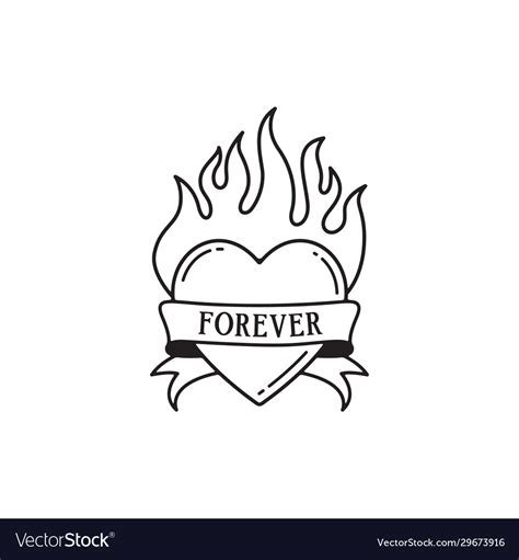 Heart and fire tattoo with wording forever Vector Image