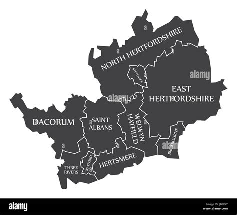 Hertfordshire county England UK black map with white labels ...