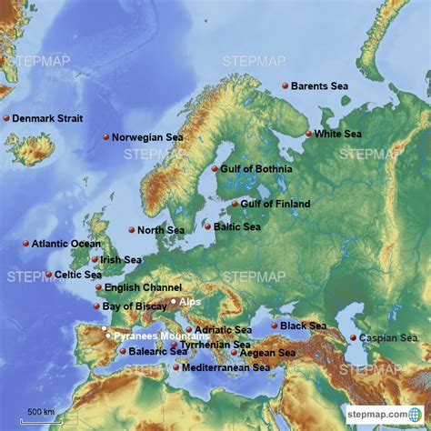 StepMap - Bodies of Water and Mountain Ranges - Landkarte für Europe