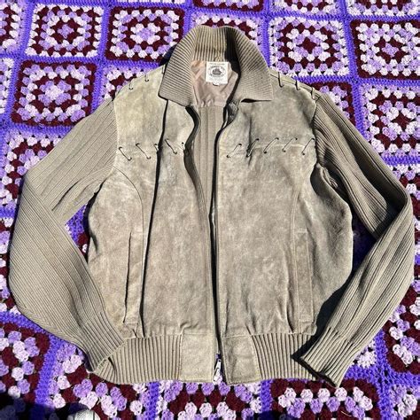 tan genuine leather jacket with knit sleeves &... - Depop