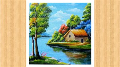 a painting of a house by the water