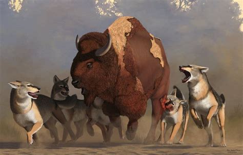 Direwolves hunting Bison antiquus at La Brea (2019), Pedro Rafael Mena ...