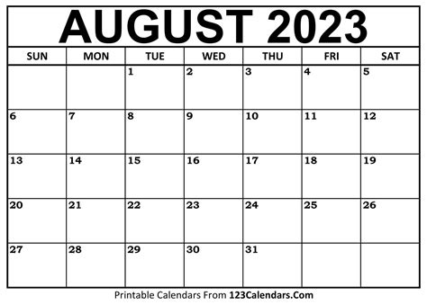 August 2023 Calendar Printable