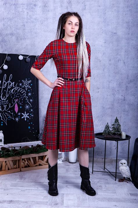 Plaid cocktail dress. Tartan casual dress with pockets. Midi | Etsy