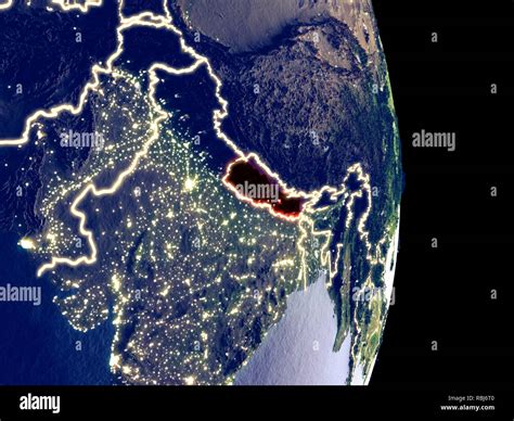 Satellite view of Nepal at night with visible bright city lights ...