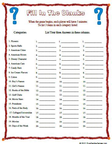 This fill in the blanks game is a great party starter, for any age group.