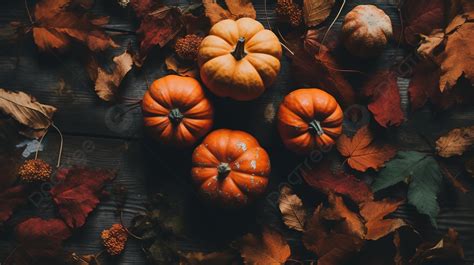 Pumpkins And Leaves On A Wooden Table Background, Fall Picture ...