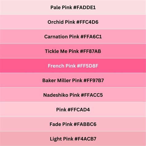 150 Shades of Pink with Names, Hex, RGB, & CMYK