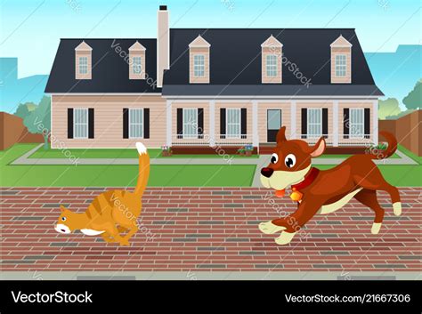 Ginger tabby cat chasing a young dog in high speed, with green grass ...