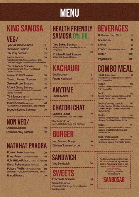 Menu at Samosa King, India