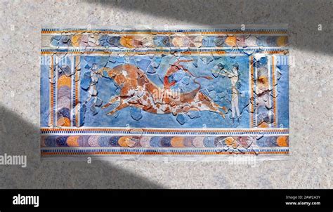 The Minoan 'Bull leaping' fresco depicting an athlete leaping over a ...