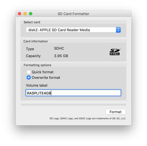 Format an SD card for Raspberry Pi using the SD Card Formatter ...