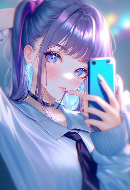 Premium Photo | Anime girl with blue eyes holding a cell phone in her ...