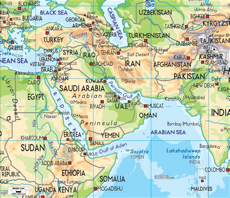 Physical Map of Middle East - Ezilon Maps