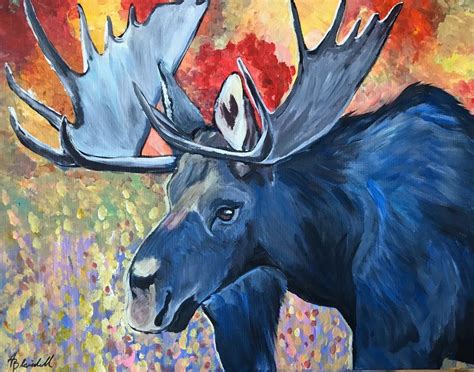 Original Moose Flowers Fall Cabin Art Painting | #2090262499