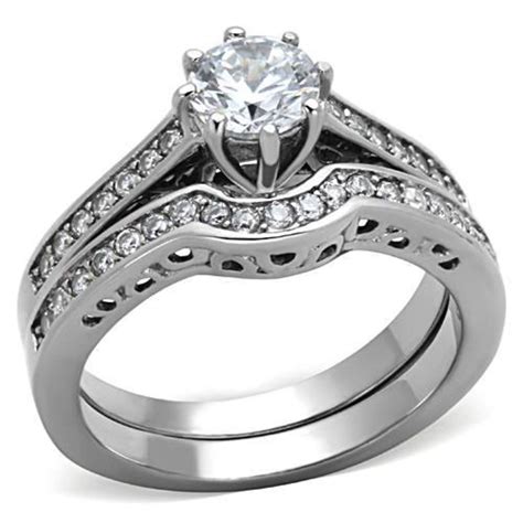 High Polished Stainless Steel 1.45(ct) Cubic Zirconia Wedding Ring Set ...