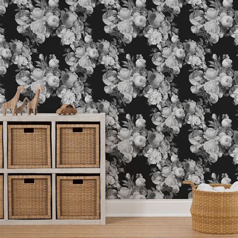 Black and Gray Large floral Wallpaper | Spoonflower