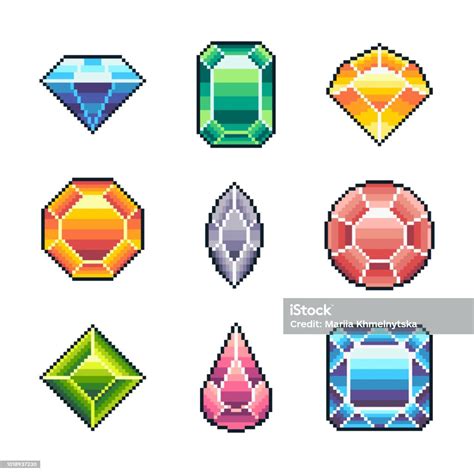 Pixel Art Vector Gems For Game Isolated On White Background Stock ...