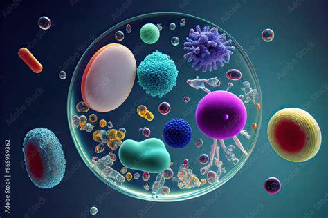 Macro shot of different types of microbes. Virus cells and bacteria on ...