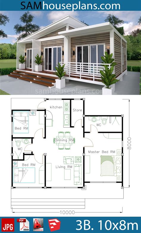 House Plans 10X8M with 3 Bedrooms - SamHousePlans